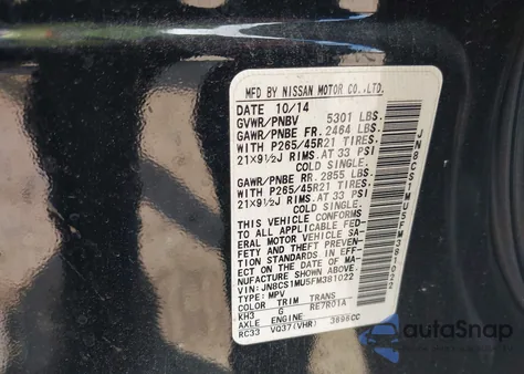 2015 Infiniti Qx70 from USA, damaged, VIN JN8CS1MU5FM381022